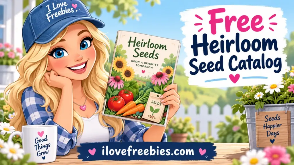 Free heirloom seed catalog by mail with I Love Freebies mascot