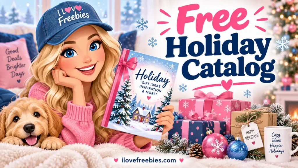 Free holiday catalog by mail with I Love Freebies mascot
